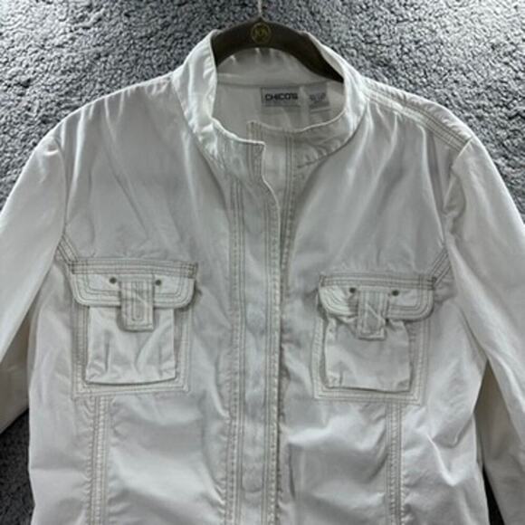 Chico's Lightweight Jacket Size 2‎ Long Sleeves Snaps White with Tan Stitching - Picture 2 of 10